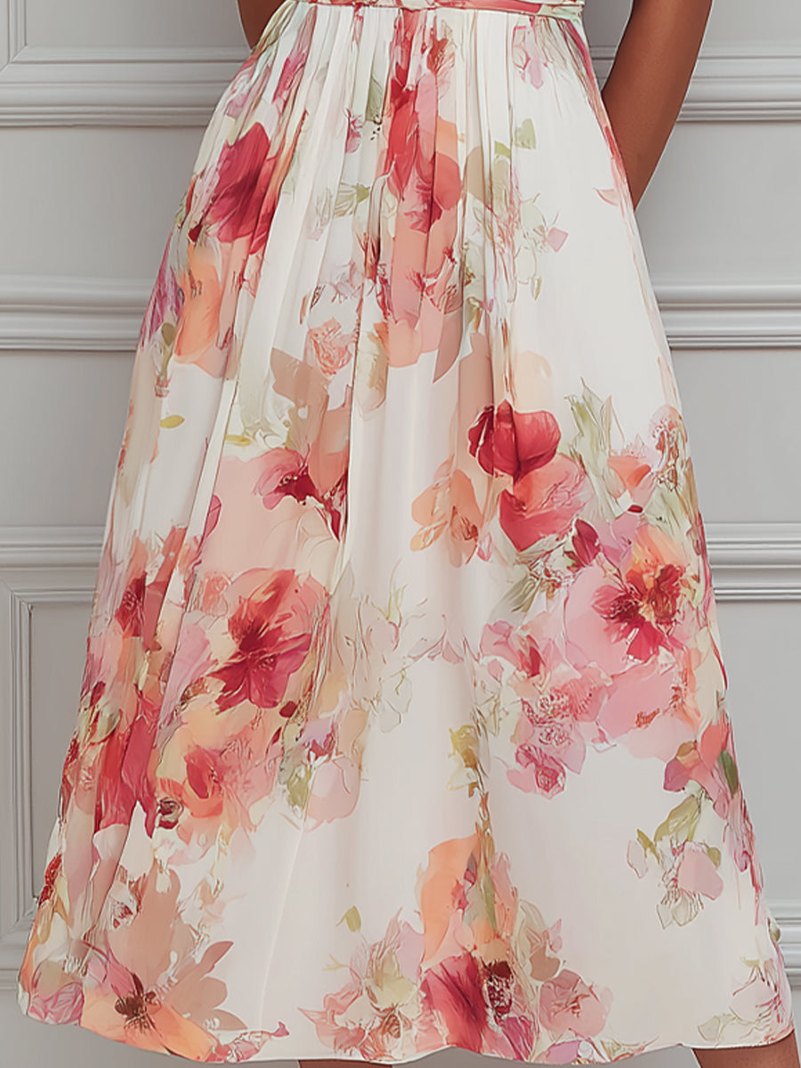 Soft Pleated Floral A-Line Midi Dress