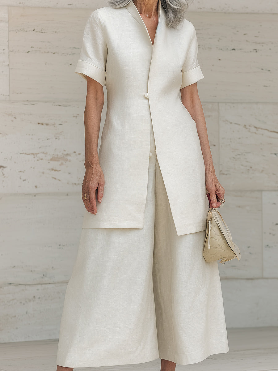 Diagonal-Placket Cotton-Linen Blouse & Wide-Leg Pants Set