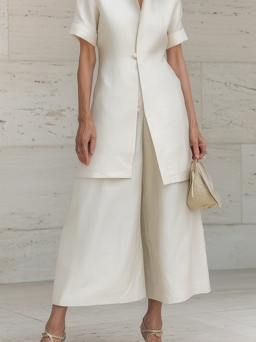 Diagonal-Placket Cotton-Linen Blouse & Wide-Leg Pants Set