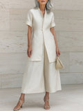 Diagonal-Placket Cotton-Linen Blouse & Wide-Leg Pants Set