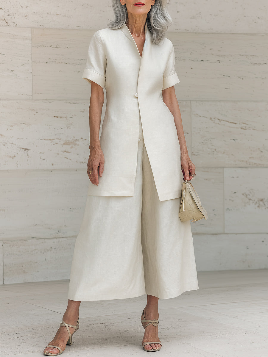 Diagonal-Placket Cotton-Linen Blouse & Wide-Leg Pants Set