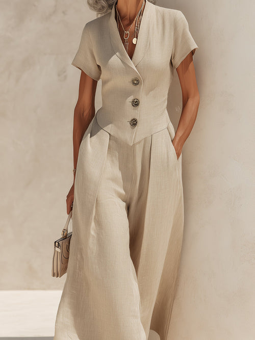 Collared Wide-Leg Jumpsuit With Waist Pleats