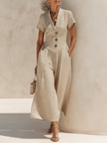 Collared Wide-Leg Jumpsuit With Waist Pleats