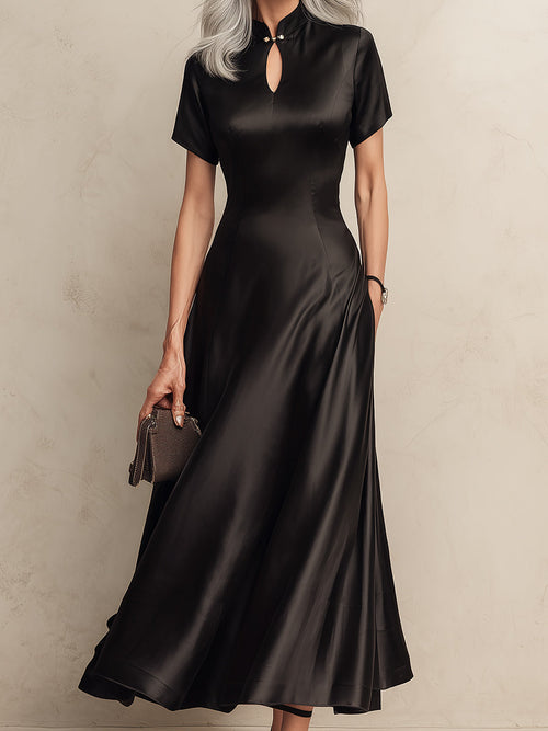 Classic Keyhole-Neck Black Satin Maxi Dress