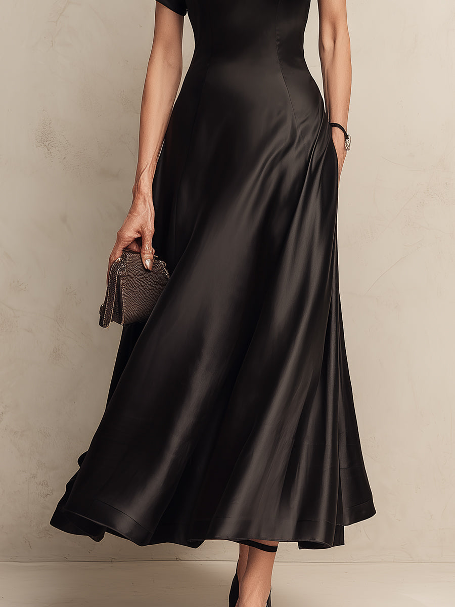 Classic Keyhole-Neck Black Satin Maxi Dress