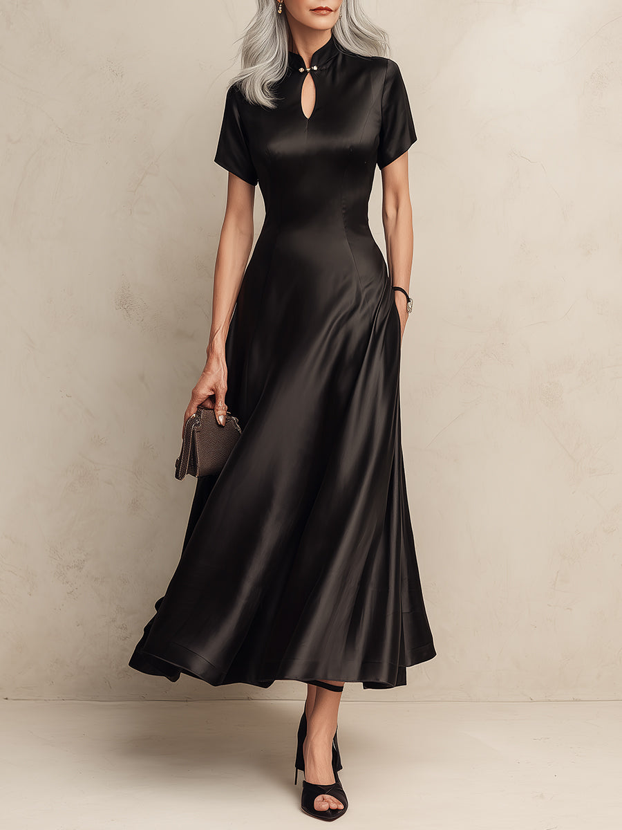 Classic Keyhole-Neck Black Satin Maxi Dress
