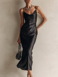 Elegant Draped-Neck Satin Maxi Dress