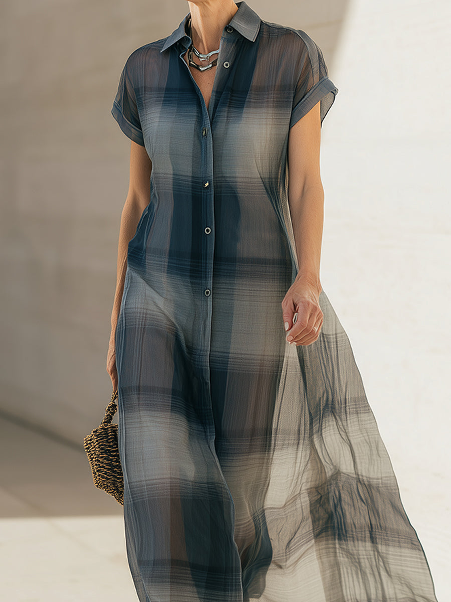 Stylish Plaid-Print Chiffon Maxi Dress