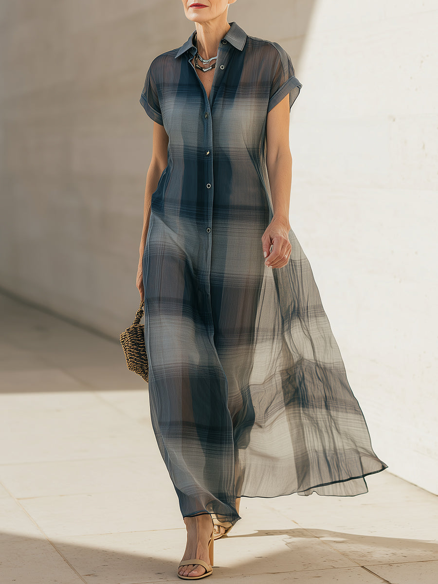 Stylish Plaid-Print Chiffon Maxi Dress