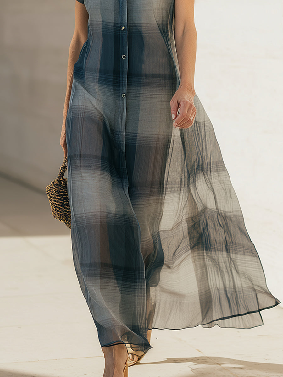 Stylish Plaid-Print Chiffon Maxi Dress