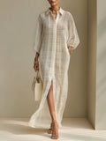 Chic Plaid Chiffon Maxi Dress With Slit Hem