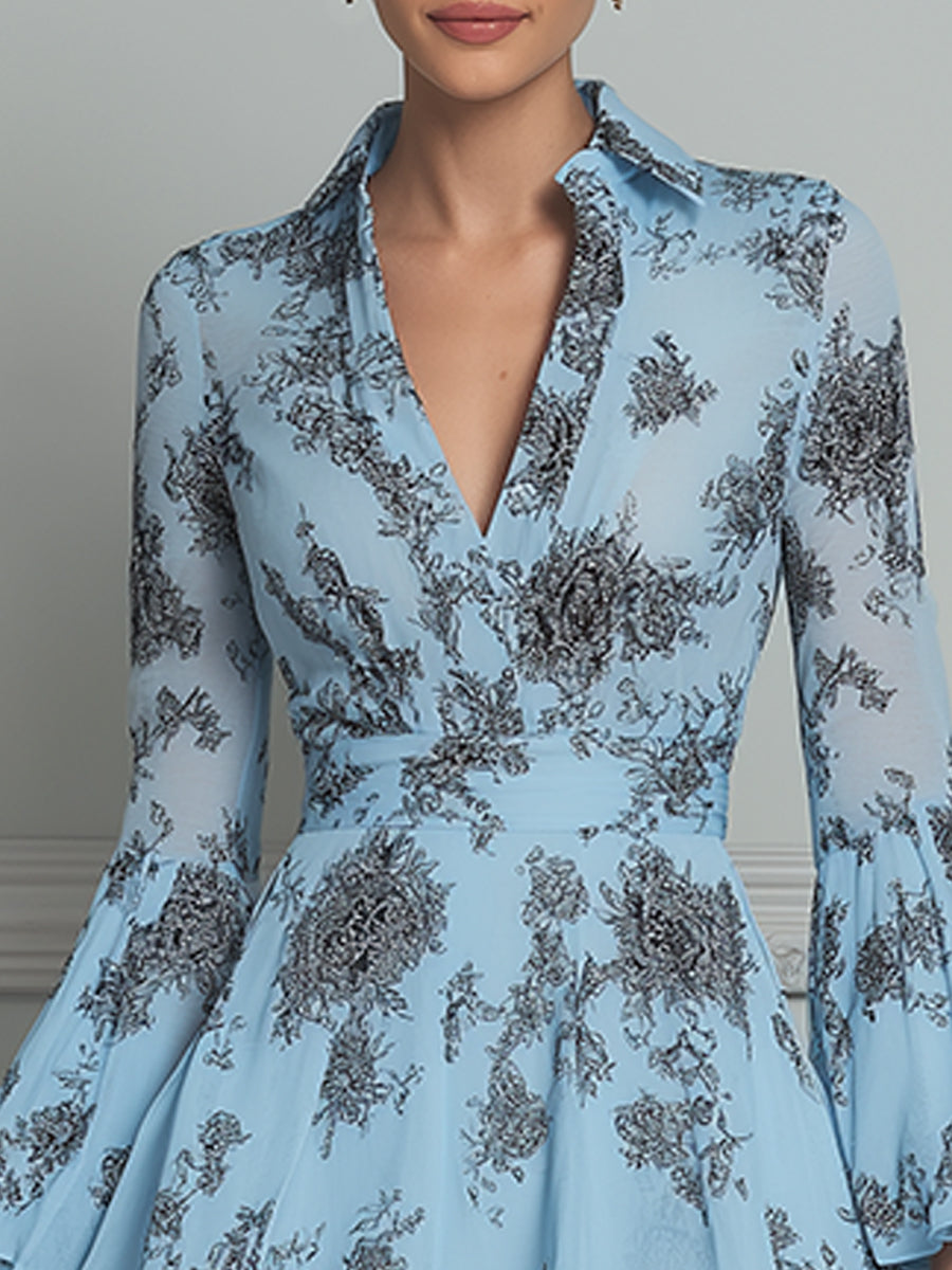 Ethereal Bell Sleeves Floral Chiffon Mini Dress