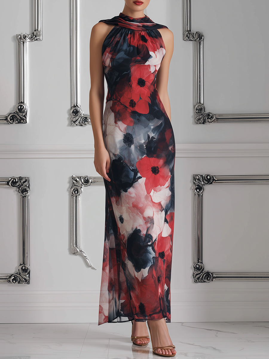 Impressionist Floral Halter Maxi Dress