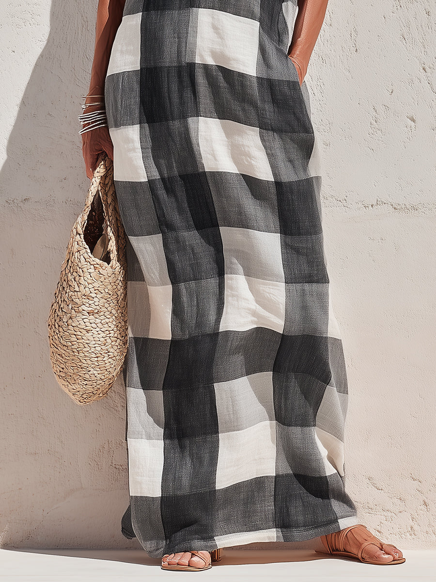Strapless Cotton-Linen Plaid Straight-Cut Maxi Dress