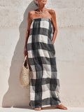 Strapless Cotton-Linen Plaid Straight-Cut Maxi Dress