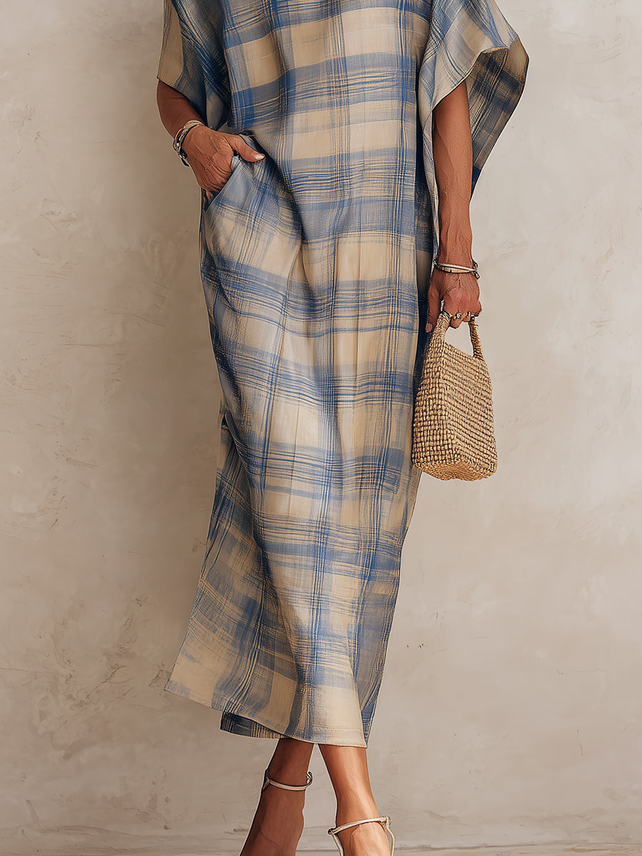 Stylish Plaid Batwing Maxi Dress