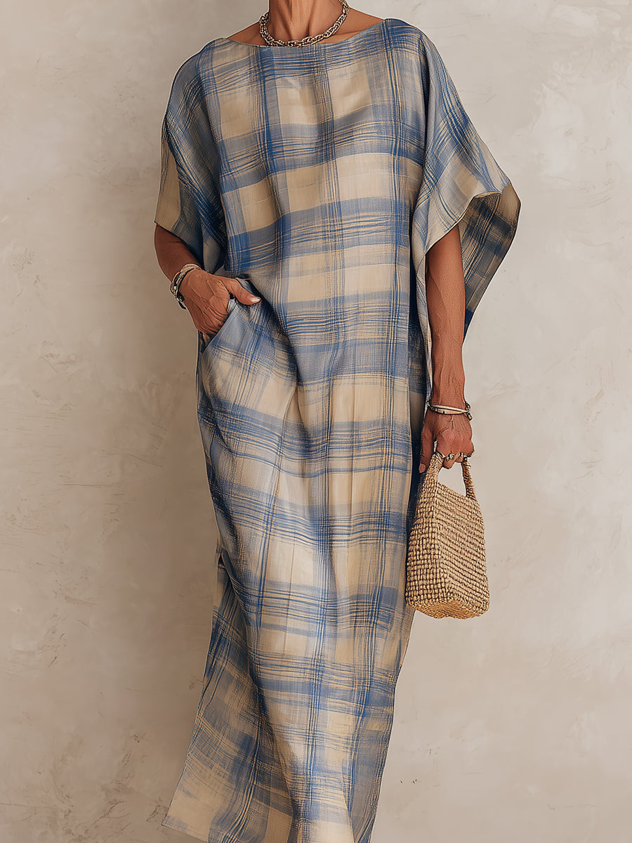 Stylish Plaid Batwing Maxi Dress