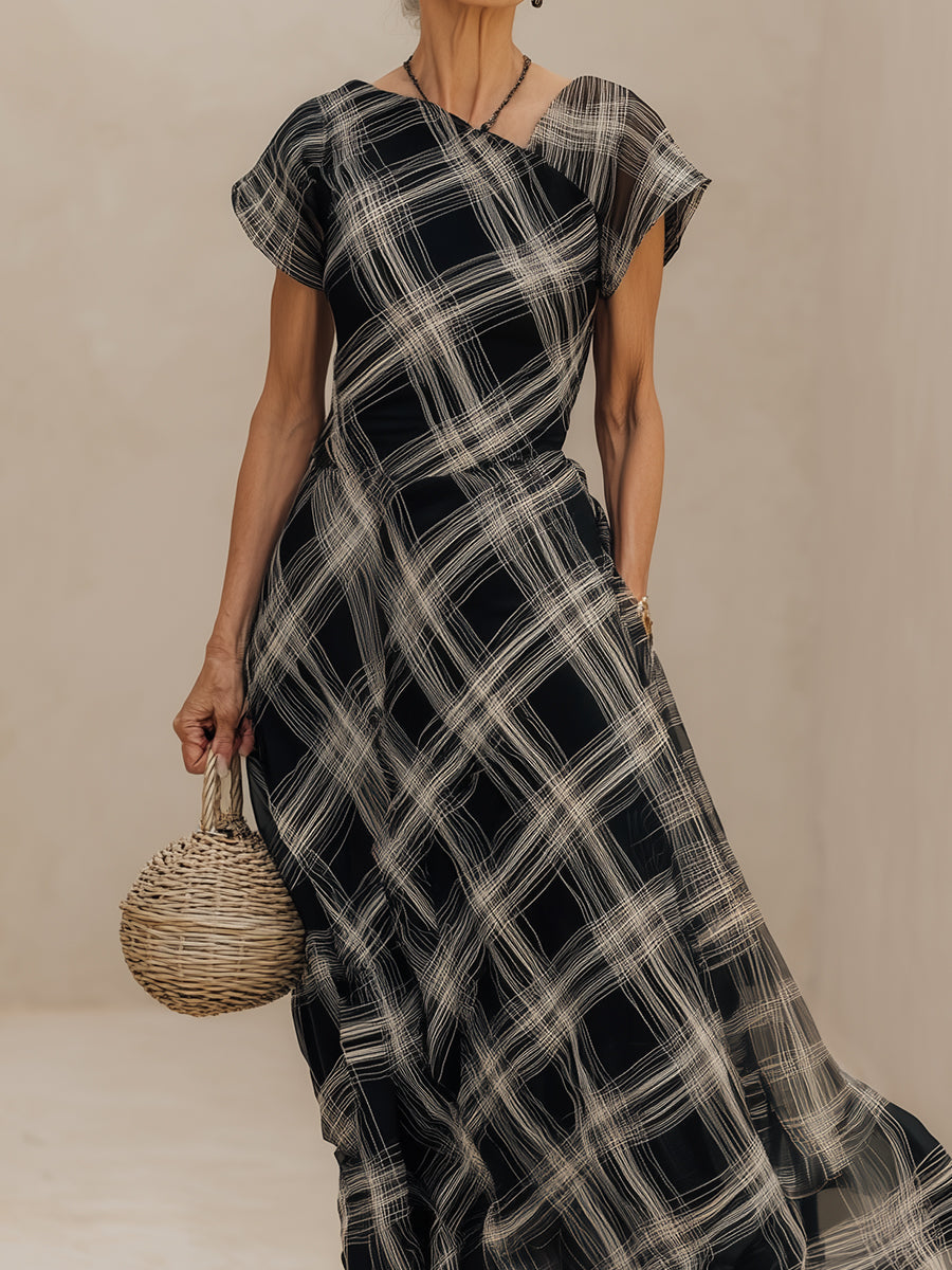 Chic Cap-Sleeve Plaid Chiffon Maxi Dress