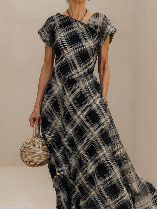 Chic Cap-Sleeve Plaid Chiffon Maxi Dress