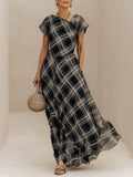 Chic Cap-Sleeve Plaid Chiffon Maxi Dress