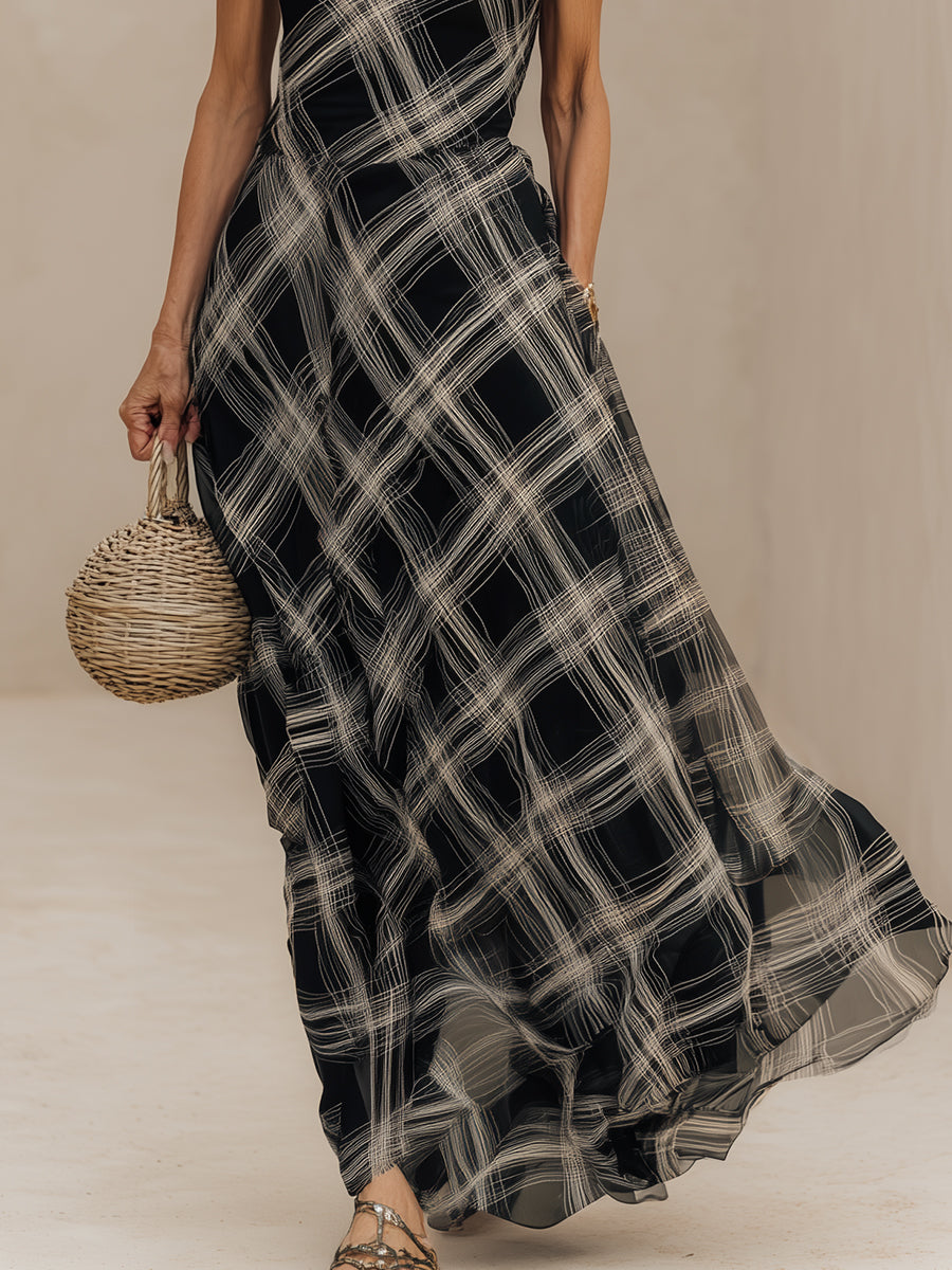 Chic Cap-Sleeve Plaid Chiffon Maxi Dress