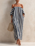 Off-the-Shoulder Cotton-Linen Striped Straight-Cut Maxi Dress