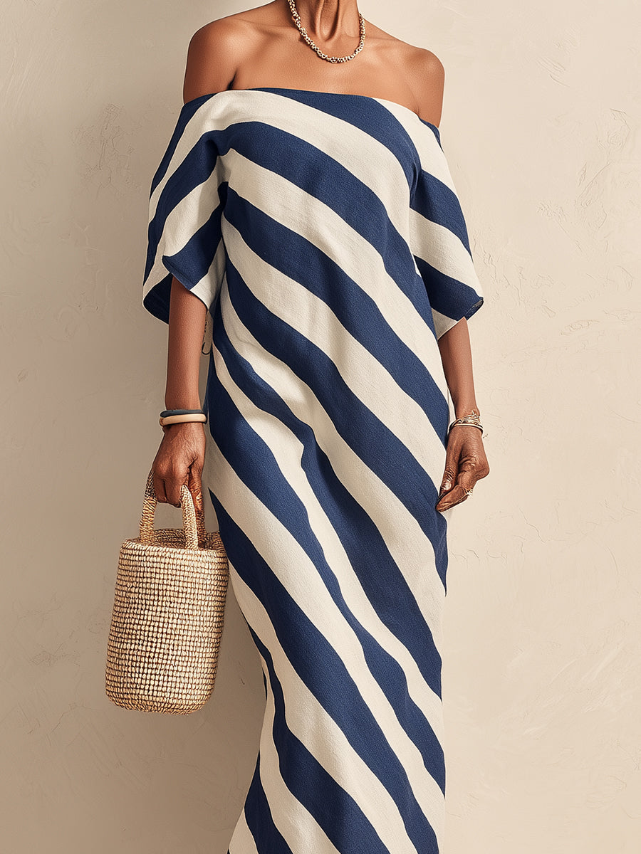 Off-the-Shoulder Diagonal Striped Maxi Dress
