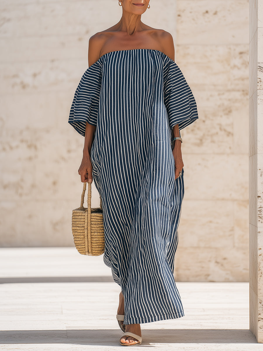 Off-the-Shoulder Cotton-Linen Striped Maxi Dress