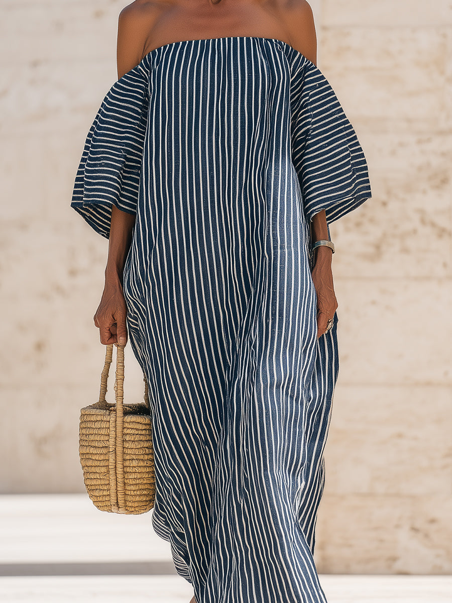 Off-the-Shoulder Cotton-Linen Striped Maxi Dress