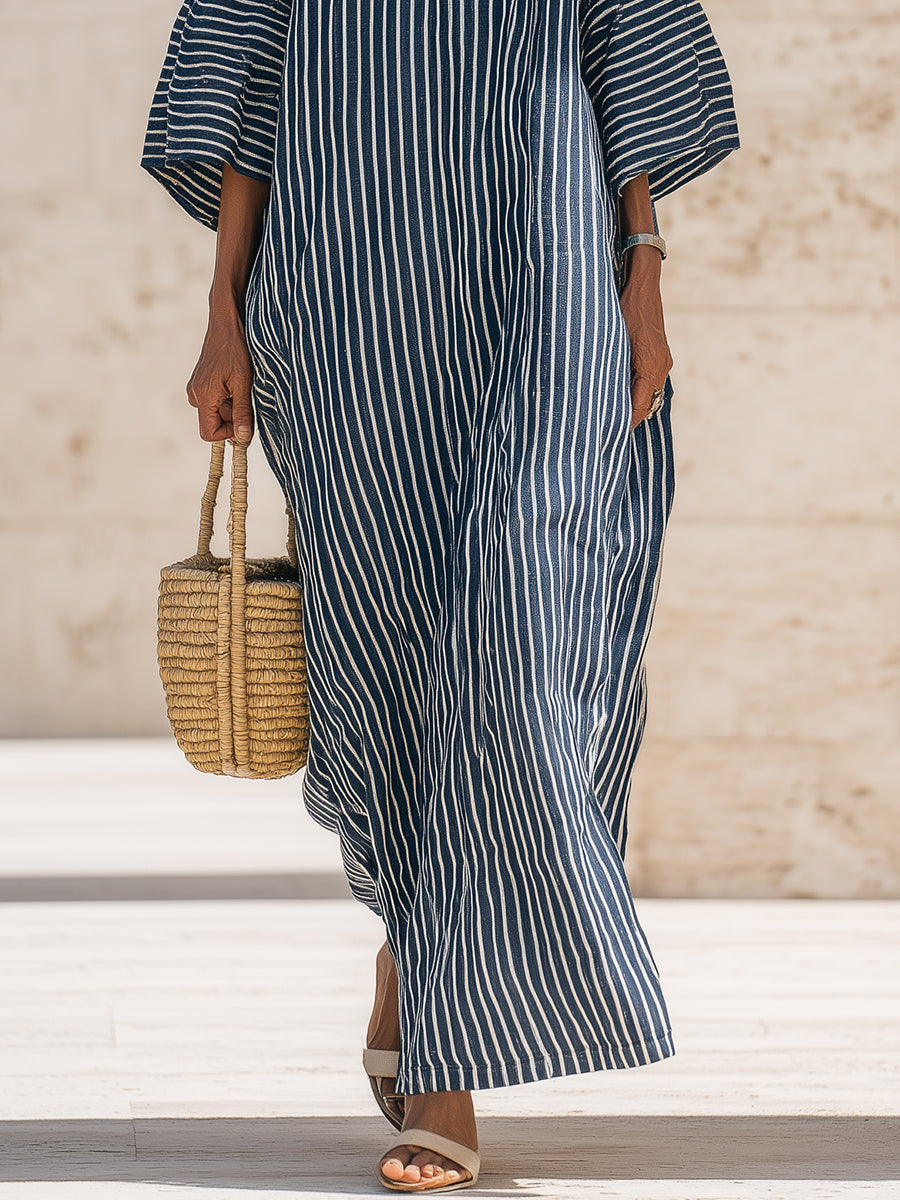 Off-the-Shoulder Cotton-Linen Striped Maxi Dress