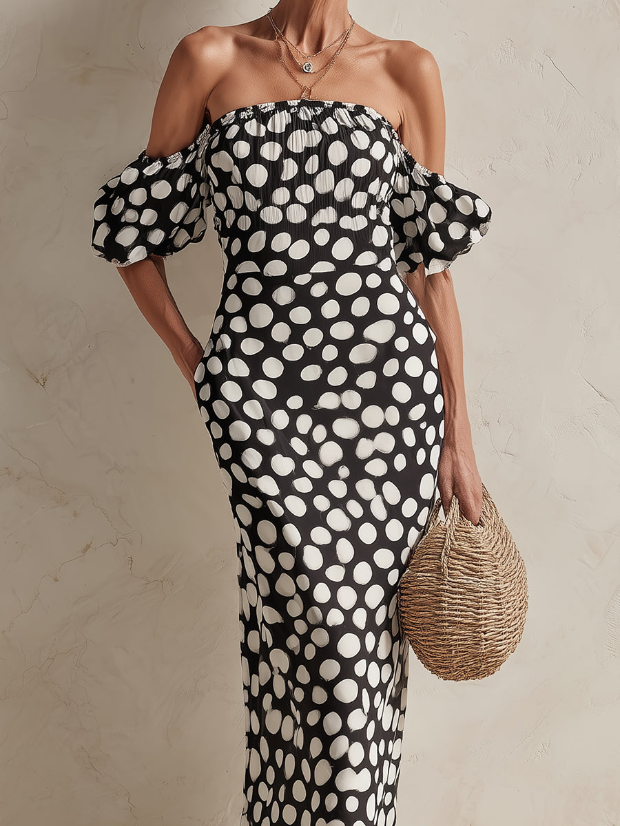 Off-the-Shoulder Polka Dot Mermaid Maxi Dress