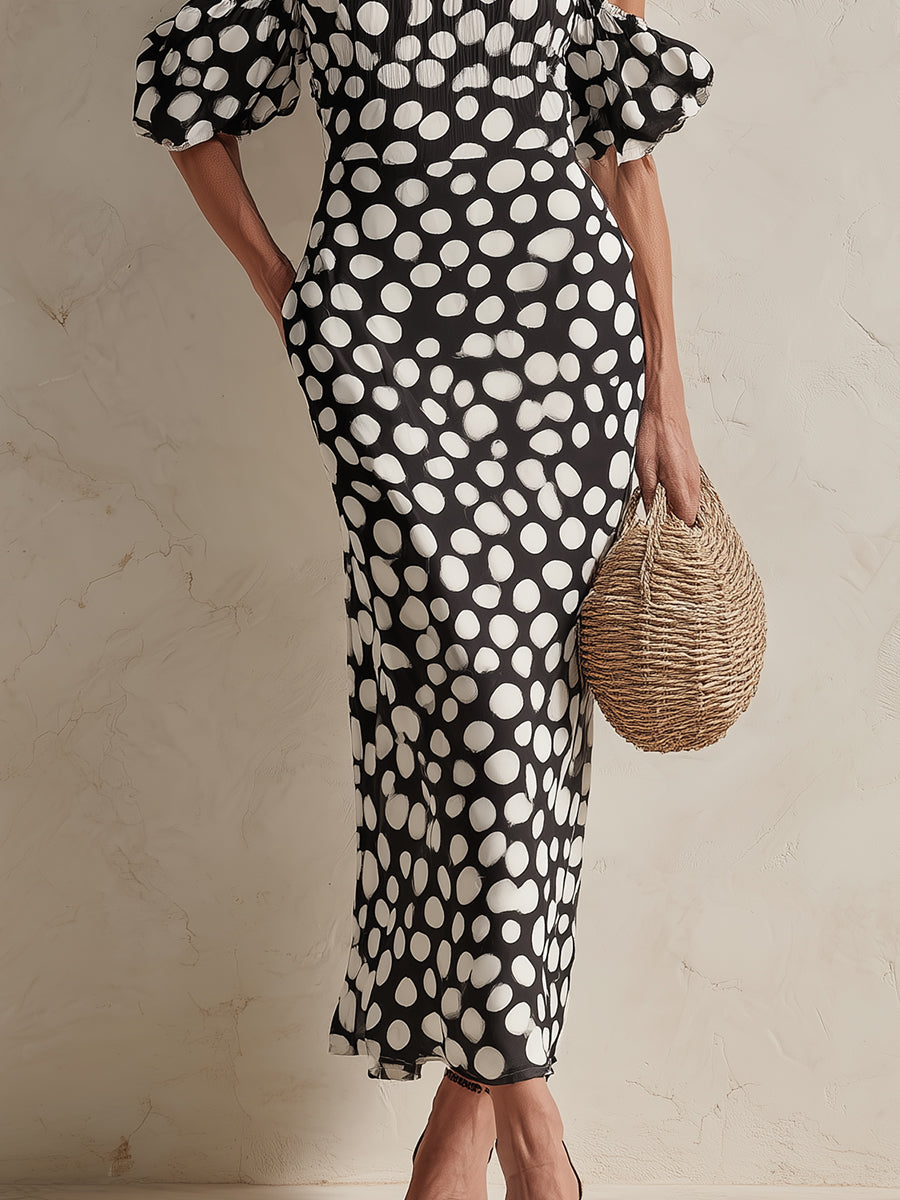 Off-the-Shoulder Polka Dot Mermaid Maxi Dress
