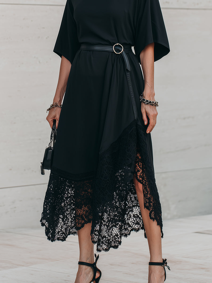Casual Lace-Paneled Midi Dress With Belt