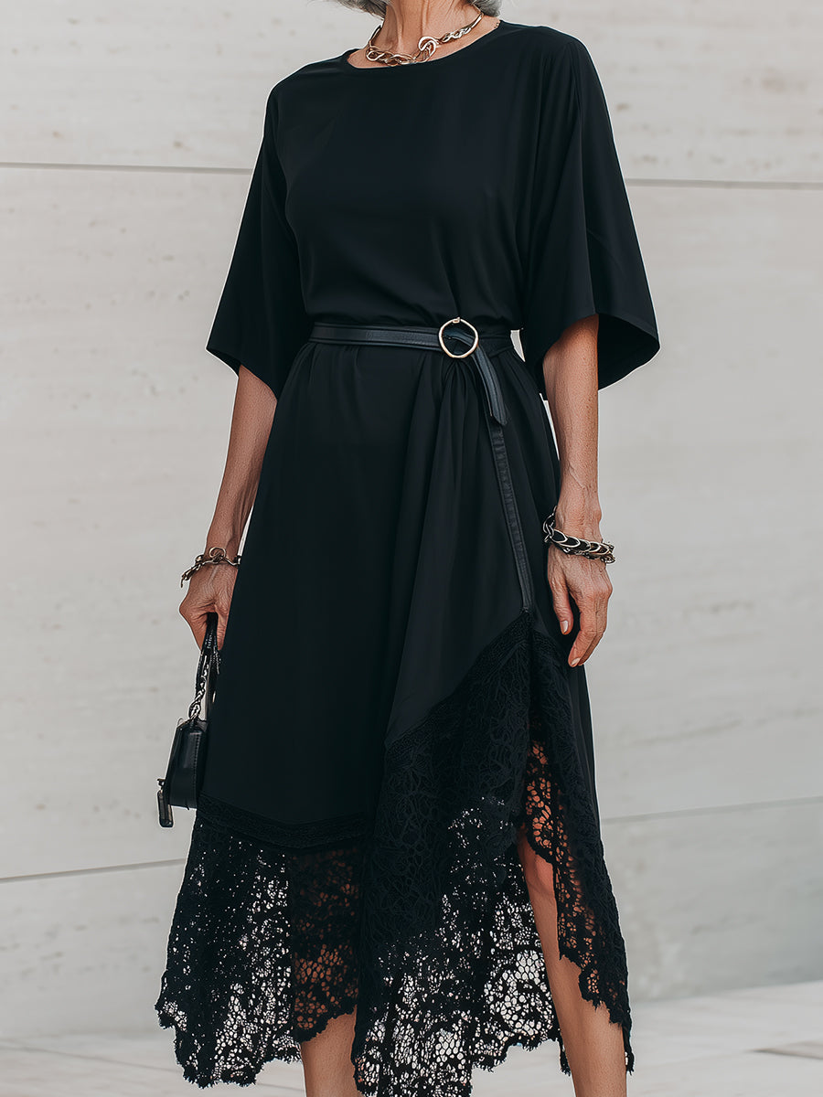 Casual Lace-Paneled Midi Dress With Belt