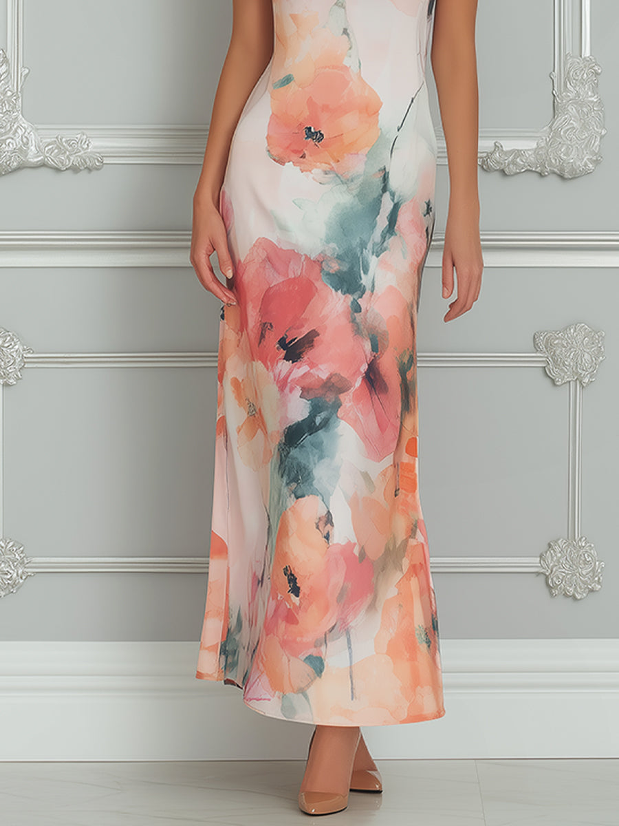 Watercolor Floral Cowl-Neck Maxi Dress