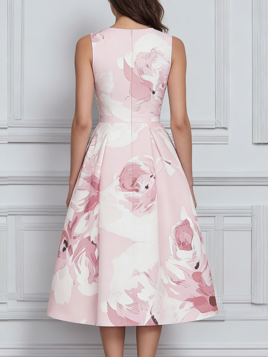 Floral Print Sleeveless A-Line Midi Dress With Structured Pleats