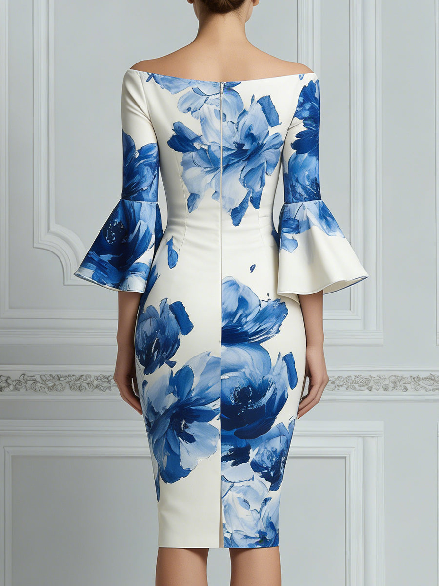 Floral Print Boat Neck Bell Sleeve Sheath Midi Dress