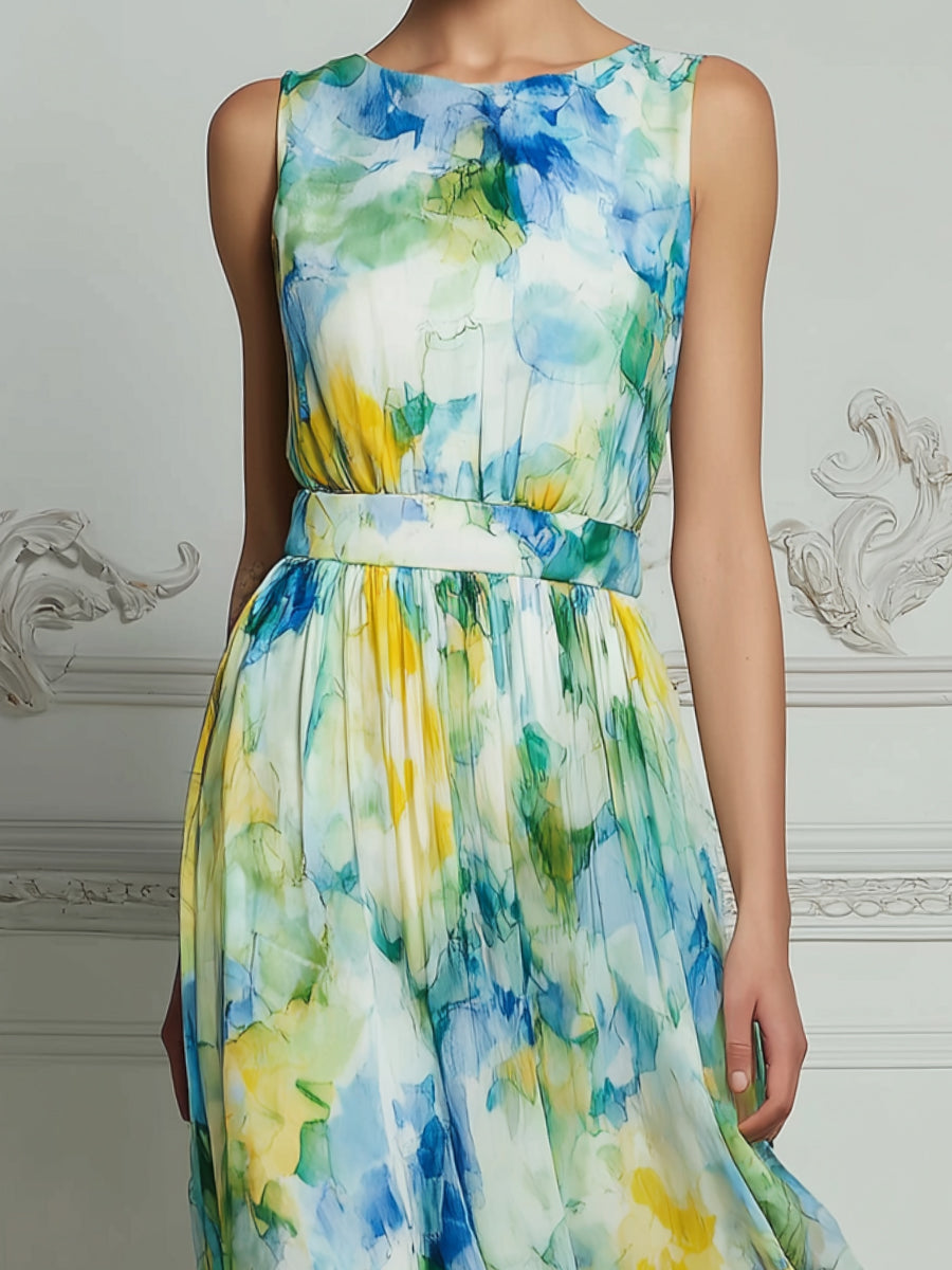 Watercolor Floral Sleeveless Cinched Waist Flowing Maxi Dress