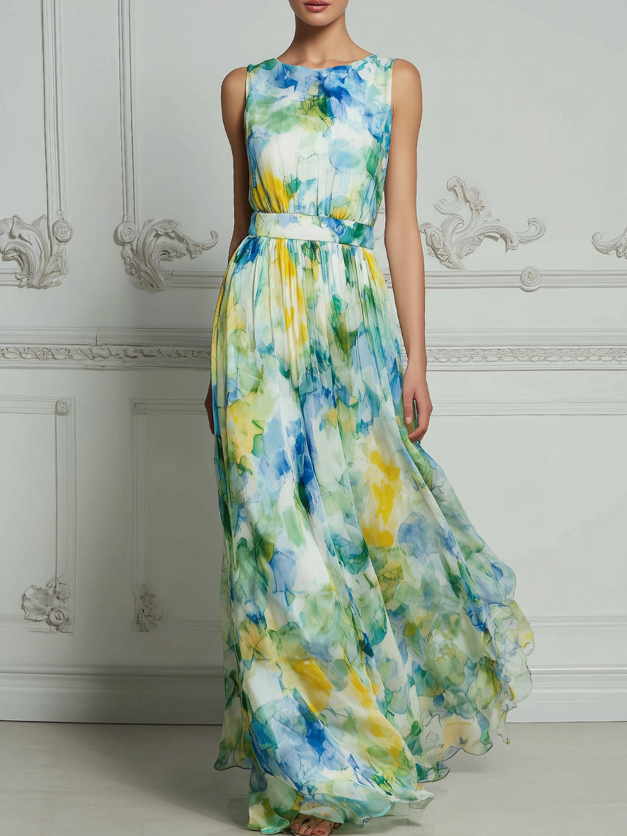 Watercolor Floral Sleeveless Cinched Waist Flowing Maxi Dress
