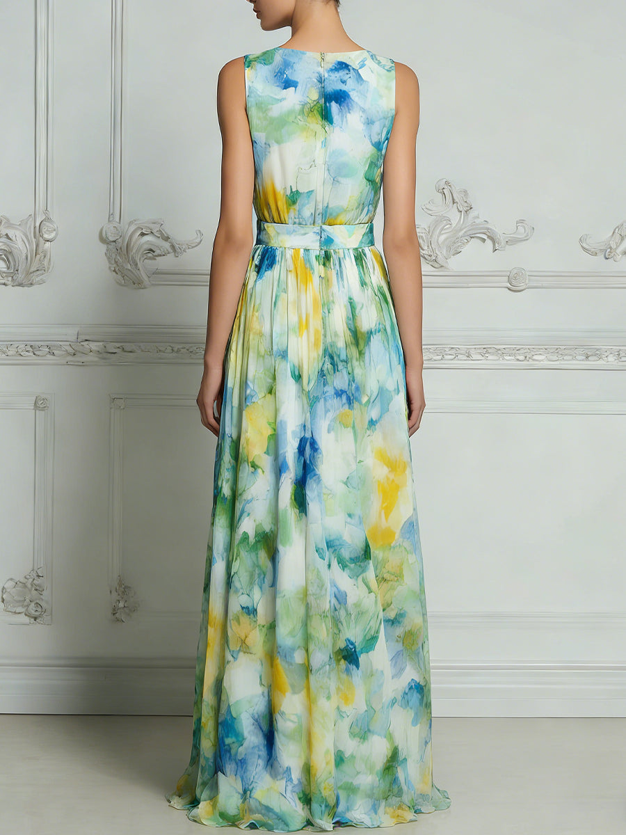 Watercolor Floral Sleeveless Cinched Waist Flowing Maxi Dress
