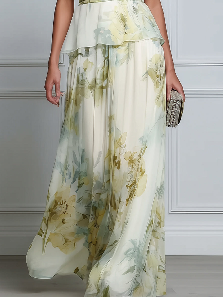 Layered Floral Sleeveless Peplum Waist Flowing Maxi Dress