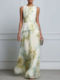 Layered Floral Sleeveless Peplum Waist Flowing Maxi Dress