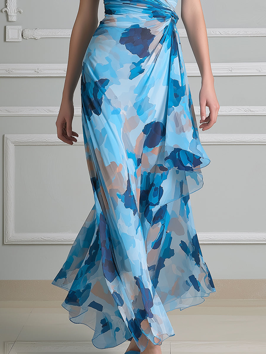V-Neck Ruched Waist Asymmetric Hem Floral Maxi Dress