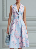 Notched Collar Button Front Floral Sleeveless A-Line Midi Dress