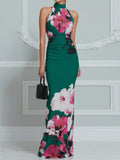Halter Neck Ruched Waist Floral Bodycon Maxi Dress