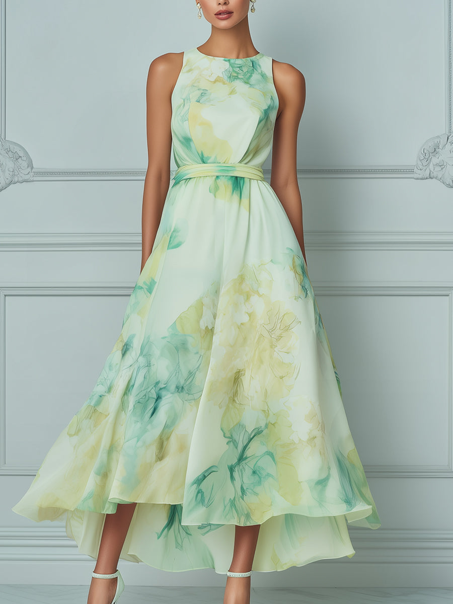 Elegant Green And Yellow Watercolor Floral Print Sleeveless Flowing