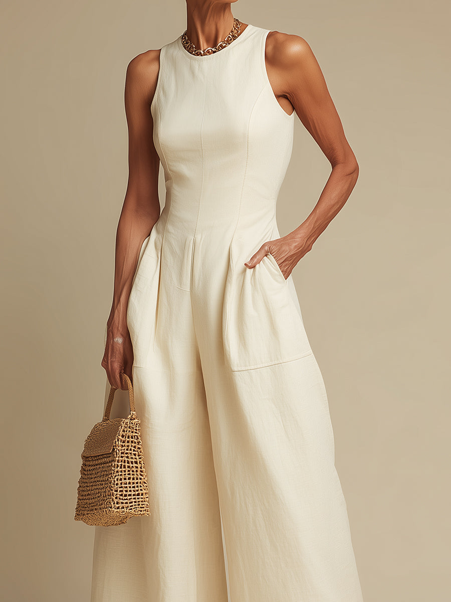 Crew-Neck Sleeveless Cotton Jumpsuit With Patch Pockets