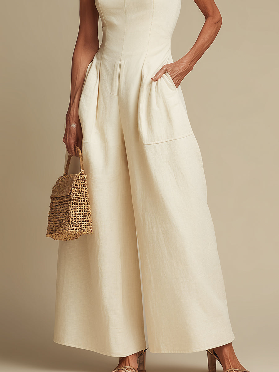 Crew-Neck Sleeveless Cotton Jumpsuit With Patch Pockets