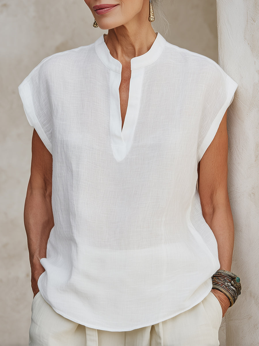 Classic Slub Linen Cap-Sleeve Blouse