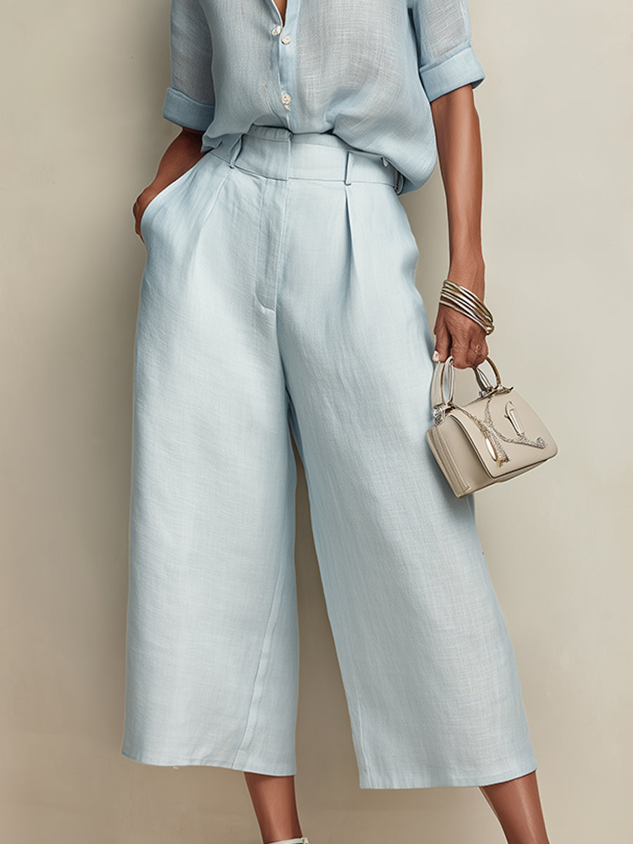 Slub Linen Blouse & Cropped Wide-Leg Pants Set